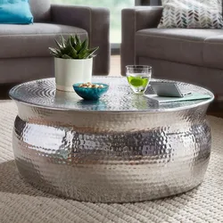 Kadima Design Orient Couchtisch: Handgefertigt, Hammerschlag-Aluminium, großzügige Ablagefläche. Silber, 75x75x31 cm