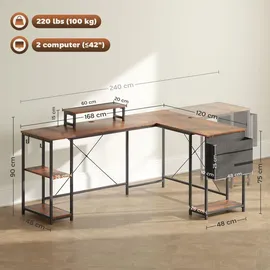 Homcom Schreibtisch 168 x 120 cm Eckschreibtisch mit Ablagefächern, Aufbewahrungstasche Umkehrbar Computertisch mit Monitorständer