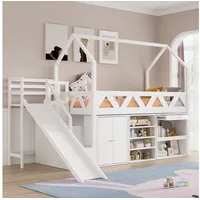 Flieks Hochbett Kinderbett Etagenbett mit Schränke, Rutsche und Treppe 90x200cm weiß