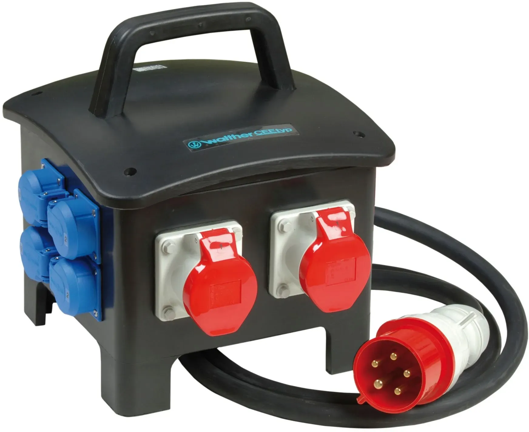 Walther Electric 6490223 Tragbare Vollgummi-Steckdosenkombination In:, 32A mit einem RCD TypA, 3 MCBs, 2 CEE-Abgänge, 16A, 4 Schutzkontaktsteckdosen und Anschluss über Leitung mit, 32A Stecker