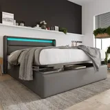 MODFU Boxspringbett 140x200cm Polstebett Doppelbett mit LED-Beleuchtung,Stauraumbett Bettgestell mit Bettkasten & Lattenrost,Grau (ohne Matratze) - Grau