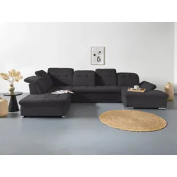Wohnlandschaft COTTA "Holiday U-Form mit Sitztiefen-, Armteil- und Kopfteilverstellung", schwarz, B:386cm H:86cm T:265cm, 100% Polyester, Sofas, wahlweise mit Bettfunktion & Bettkasten