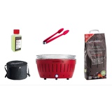 Lotusgrill XL Starter-Set 1x XL Grill Feuerrot mit USB-Anschluß, 1x Buchenholzkohle 2,5 kg, 1x Brennpaste 200ml, 1x Zange, 1x Transport-Tragetasche XL - Der raucharme Holzkohlegrill