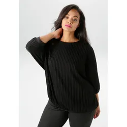 Rundhalsshirt ANISTON PLUS, Damen, Gr. 46, schwarz, Jersey, Obermaterial: 93% Polyester, 7% Elasthan, unifarben, feminin, figurumspielend Po-bedeckend, Rundhals, 3/4-Ärmel Bündchen, Shirts, mit interessanter Biesenstruktur - NEUE KOLLEKTION