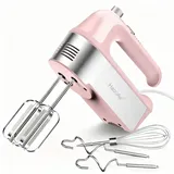 HaooAir 450W Elektro-Handmixer, 5-Gang-Handmixer mit Messbecher-aufbewahrung, 5 Edelstahl-Zubehör, Turbo-Boost, Auswurftaste, Küchenmixer für Backen, Pink