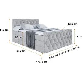 altdecor Boxspringbett AMAY-Z KING - 160x200 - H3/H4 - Hellgrau