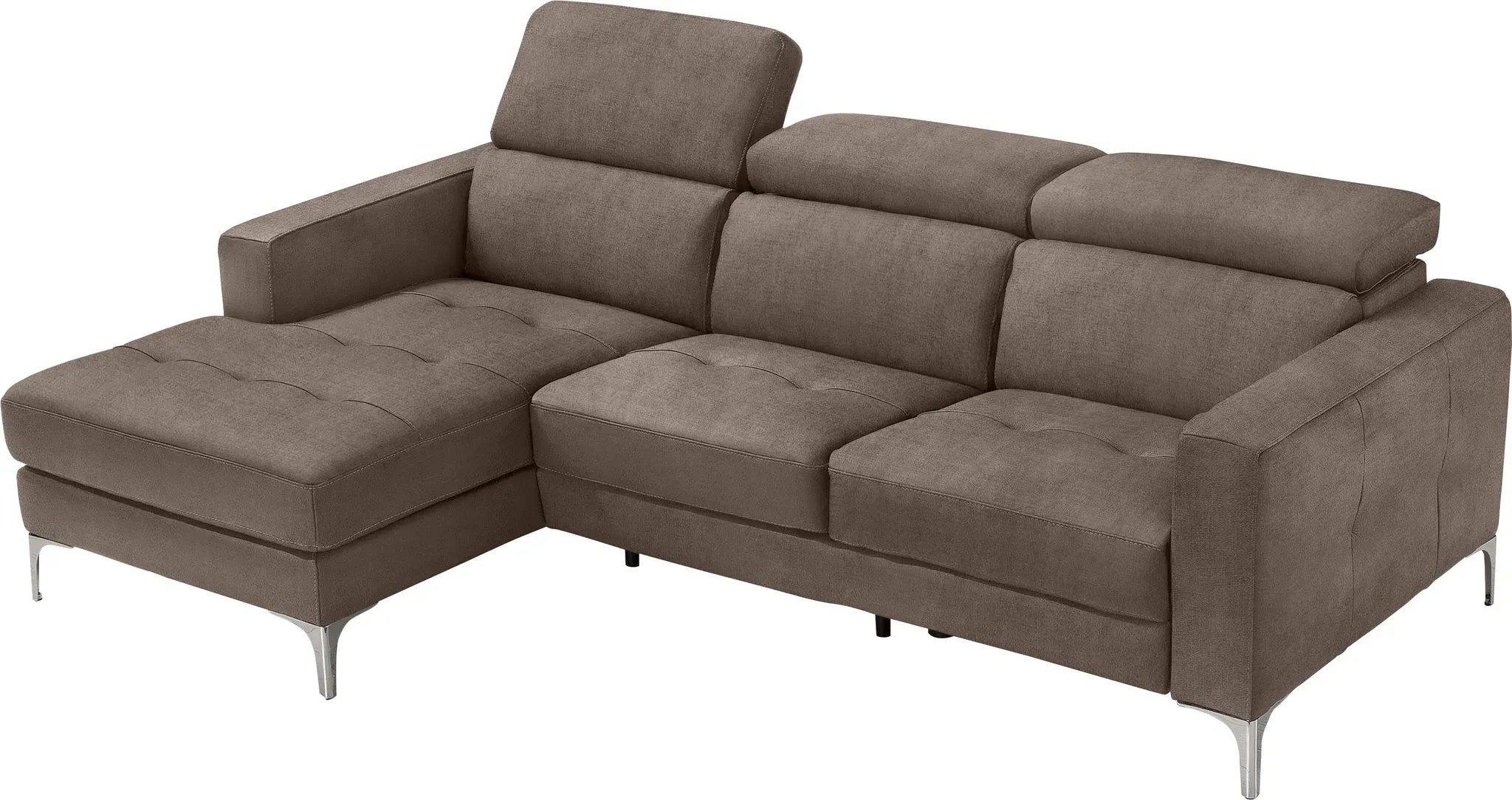 Ecksofa EGOITALIANO "Matt, erstklassiger Sitzkomfort, aufwendige Detailverarbeitung, L-Form", braun (mud), B:247cm H:100cm, Luxus-Micofaser Lederoptik (100% Polyester) ist ein neues technisches Gewebe mit einem visuellen und taktilen Aspekt, der dem Nubuk sehr nahe kommt, mit innovativen Eigenschaften. Seine außerordentliche Weichheit kommt von einem exklusiven Produktionsprozess, der Unreinheiten und Unregelmäßigkeiten beseitigt. Das Ergebnis ist eine bemerkenswert samtige Faser, die durch das Vorhandensein von Körnern verstärkt wird. Von der einfarbigen Eleganz der warmen Farben und der Vielfalt an trendigen Farben, die es zu seiner eigenen Stärke und Persönlichkeit machen., Sofas, mit verstellbaren Kopfteilen zum Relaxen