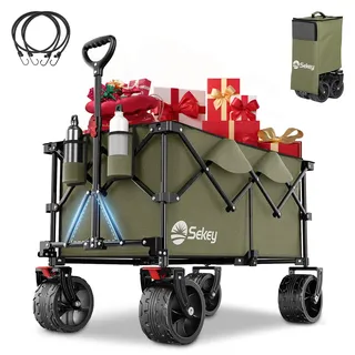 Sekey XXL Plus Bollerwagen Faltbar mit Bremsen 200L 200KG Belastbar, 17x10 cm Extra Breite Reifen All Terrain Bollerwagen, Patentiert Zusammenfaltbar aus Vier Richtungen, XXL-PlusB 4011, Grün