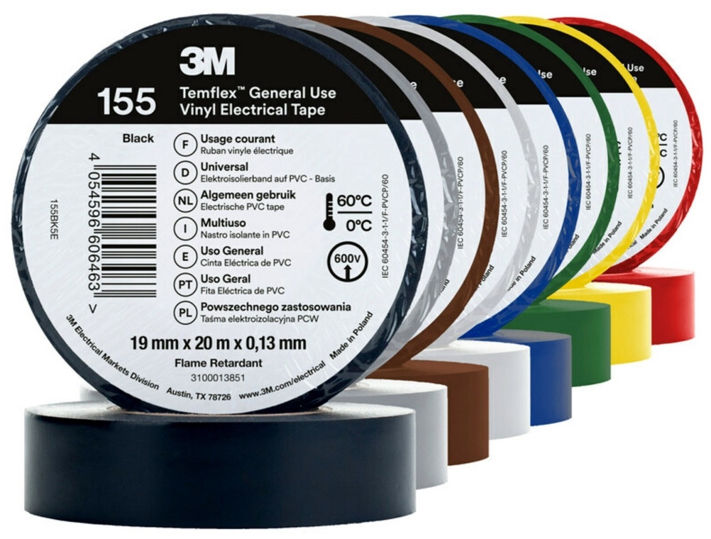 3M Temflex 155 Vinyl Elektro-Isolierband, Regenbogen, Jeweils 1 Rolle der Farbe: Weiß, Rot, Schwarz, Grün, Blau, Gelb, Grau, Braun, 19 mm x 20 m, 0,13 mm