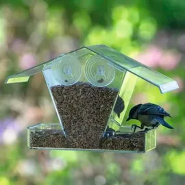 Dobar 11503 Fenster-Vogelfutterhaus - Futterstation aus Kunststoff - Wildvogelfutterspender mit Saugnäpfen - Futtersäule für Fenster - Futterhaus mit Futtertablet - 24 x 9,6 x 15 cm - Transparent