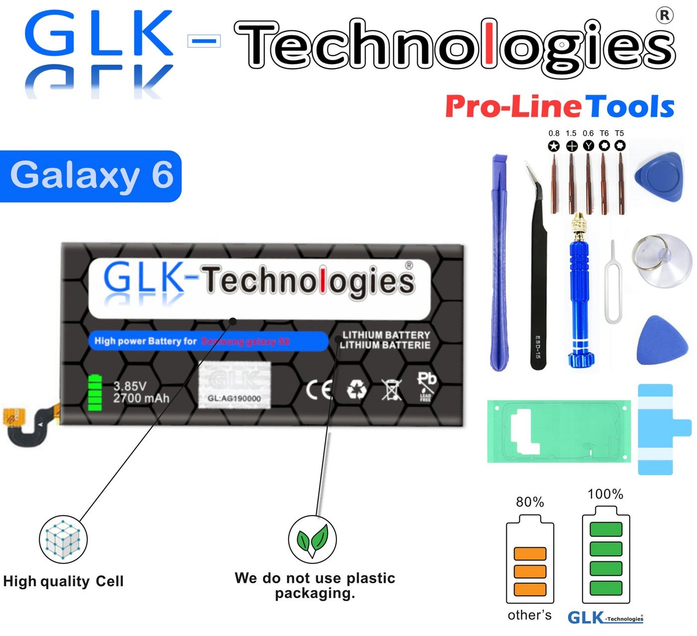 GLK-Technologies High-Capacity Ersatzakku kompatibel mit Samsung Galaxy S6 SM-G920F / EB-BG920ABE, Original GLK-Technologies Battery, accu, 2700 mAh Akku, inkl. Werkzeug Set Kit Smartphone-Akku 2700 mAh (3.85 V)
