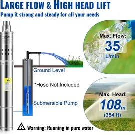 Vevor 3" Tiefbrunnenpumpe 550W max. Durchfluss 35 L/min max. Förderhöhe 108 m sandbeständig