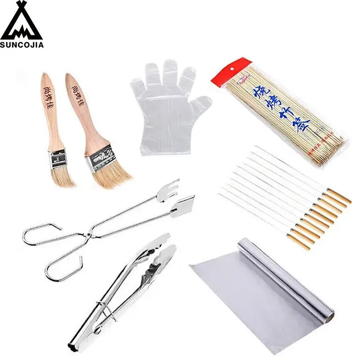 SUCOJIA Komplett-Set BBQ-Grillwerkzeug | Einmalhandschuhe, Ölpinsel mit Holzgriff, Kohlehaftklammer, Lebensmittel-Klammer, Grillspieße-Set und Aluminiumfolienpapier | Essentielle Grillzubehörteile, für Grillbegeisterte