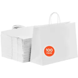 VEVOR Papiertragetaschen, 100er-Pack, Kraftpapiertüten mit Henkel, 406x152x308 mm, große wiederverwendbare Geschenktüten, Einkaufstaschen, für Geburtstage, Hochzeiten, Einkäufe, Geschenke, weiß