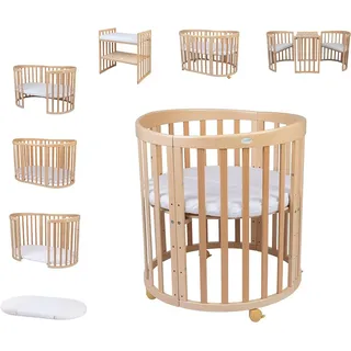 Waldin Babybett OWAL aus Holz 7in1 mit Matratze, mitwachsend,Ohne Stoffset,Holz natur - Naturbelassen