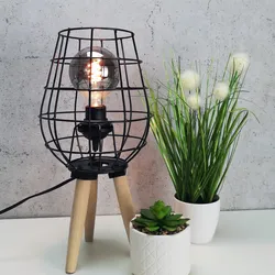 Stehleuchte Dekolampe im Metallgitter-Look - Metall/Holz - auf 3 Holzbeinen - H: 40cm