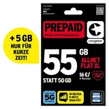 Congstar Prepaid ALLNET XL 55 statt 50 GB im D-Netz mit (25 Mbit/s), Prepaidkarte, Telefonie und SMS Flat in alle dt. Netze, EU-Roaming inkl., jedes Jahr 1 GB mtl. mehr, ohne Vertrag.