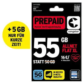 Congstar Prepaid ALLNET XL 55 statt 50 GB im D-Netz mit (25 Mbit/s), Prepaidkarte, Telefonie und SMS Flat in alle dt. Netze, EU-Roaming inkl., jedes Jahr 1 GB mtl. mehr, ohne Vertrag.