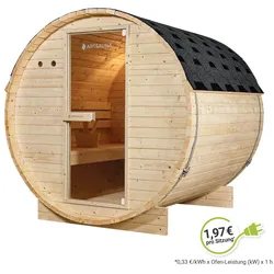 Artsauna Fasssauna Spitzbergen 180 - 4 Personen, 6 kW Ofen, Zubehör - Fichtenholz Sauna