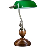 Relaxdays Bankerlampe Holzfuß grün Klassiker Schreibtischlampe – Retro Tischlampe Banker Lampe Messing-Optik & geschwungenen Verzierungen der 30er Jahre – Holz Gals Metall – 26,5 x 43 x 18 cm – E27