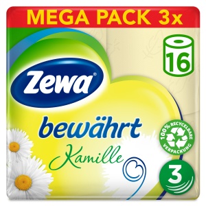 Zewa Bewährt Kamille Toilettenpapier mit Strohanteil Großpackung, Toilettentuch, mit angenehmen Kamilleduft, 1 Packung = 3 x 16 Rollen = 48 Rollen à 150 Blatt