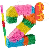 Relaxdays 3 TLG. Pinata Set Geburtstag, Zahl 2, Pinatastab mit Augenmaske, Kinder & Erwachsene, Piñata zum selbst Befüllen, bunt