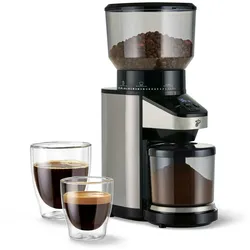 Tchibo elektrische Kaffeemühle, eingebaute Waage, Kegelmahlwerk, Schwarz/Silber
