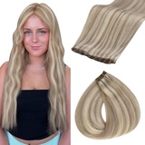 Fshine Genie Tressen Echthaar 55cm 60g Haartressen Echthaar zum Einnähen Echthaar Extensions Tressen Haar Extensions Echthaar Tressen Dreckiges Blond Highlights Bleichblond 18P613