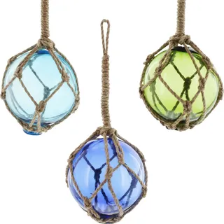 Frank Flechtwaren Maritime Deko-Glaskugel Netz 3er Set Maritim, Verschiedene Dekorationsmöglichkeiten, ca. Ø 9 cm, GH 25 cm