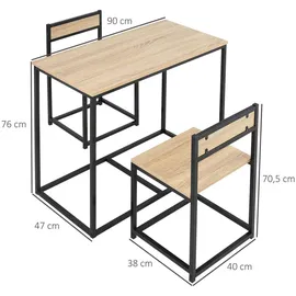 Homcom Esstisch mit 2 Stühlen, 3er-Set Essgruppe, Küchentisch-Set für 2 Personen, Esszimmergruppe für kleine Räume, Küche, Wohnzimmer, Eiche