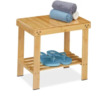 Relaxdays Badhocker aus Bambus, Sitzhocker mit extra Ablagefläche, HxBxT: 41,5 x 44 x 28 cm, Stauraum Flur & Bad, Natur