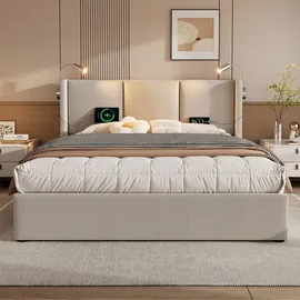 XDOVET Polsterbett Doppelbett(140x200,Beige)Stauraum Bettkasten Leselicht mit Ladefunktion Kopfteil,Stauraumbetten Jugendbett mit lattenrost - Beige