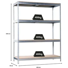 Proregal Schwerlastregal Big Wood Yeti Four HxBxT 200 x 120 x 75 cm Fachlast 400 kg Verzinkt