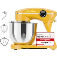 KLAMER Küchenmaschine 1800W, Knetmaschine Brotteig mit Edelstahl-Rührschüssel 6 L, 10 Stufen mit Timer, Planetenrührwerk, Rührbesen, Knethaken, Schneebesen & Sichtdeckel (gelb)