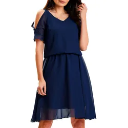 AWAMA Damen Midi-Kleid mit elastischer Taille Chiffonkleid Frühlings-Kleid A572 Dunkelblau - L
