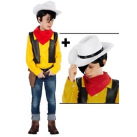 Maskworld Kostüm Lucky Luke Kostüm für Kinder mit Hut, Kostüm und Hut des berühmtesten Comichelden des Wilden Westens gelb 110-116