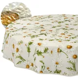 ANRO Tischdecke abwaschbar Margeriten Weiß Rund 120 cm – wasserabweisend Indoor Outdoor, Lotuseffekt, mit Saum