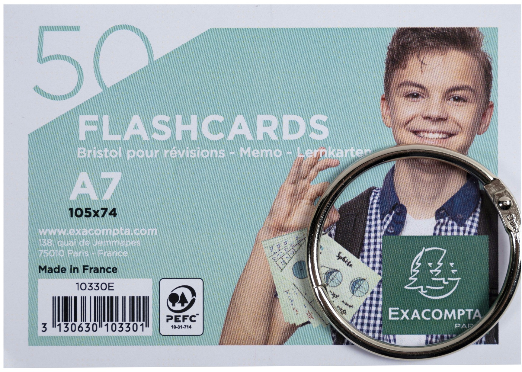Exacompta 10330E 19x Exacompta, Packung mit 50 Flashcards/Lernkarten und einem Ring, eingeschweißt, liniert, A7 - Farben sortiert