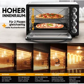STILLSTERN Minibackofen mit Umluft (60L) NEU: CYCLONE PRO+ (Antihaftbeschichtung), DE Version, Airfryer-Einsatz, Rezeptheft, Drehspieß, 2200W Toaster Grill Pizzaofen Mini Backofen auch für Camping