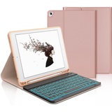 Tastatur iPad 9. Generation, iPad 10.2" Tastatur mit Hülle (iPad 9./8./7. Generation), 7-Farbige Beleuchtung Magnetisch Abnehmbarer mit QWERTZ Tastatur für iPad Air 3 und iPad Pro 10.5, Sakura Rosa