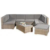 Feel2Home Garten-Essgruppe Gartensitzgruppe Terrassenmöbel Polyrattan Lounge versch. Farben, (8-tlg., 1x Mehrteiliger Sofa 1x Ottomane 1x Tisch), Kissen inkl. Reißverschluss, daher abnehm- und waschbar grau 130 cm x 70 cm