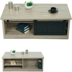 Mendler Couchtisch HWC-K75, Beistelltisch Wohnzimmertisch, Schiebetüre 6 Staufächer, Holz-Optik Metall 44x120x60cm ~ naturfarben