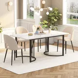 Flieks Esstisch Rechteckig, Küchentisch Esszimmertisch mit Schwarzen Metallbeinen, Esszimmertisch Arbeitstisch Marmoroptik, Weiß, 140x80x75cm - Weiß/Schwarz