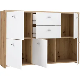 Forte CHEST Kommode mit 5 Türen und 2 Schubladen, Holzwerkstoff, Artisan Eiche / Weiß, 113.9 x 77.3 x 29.6 cm