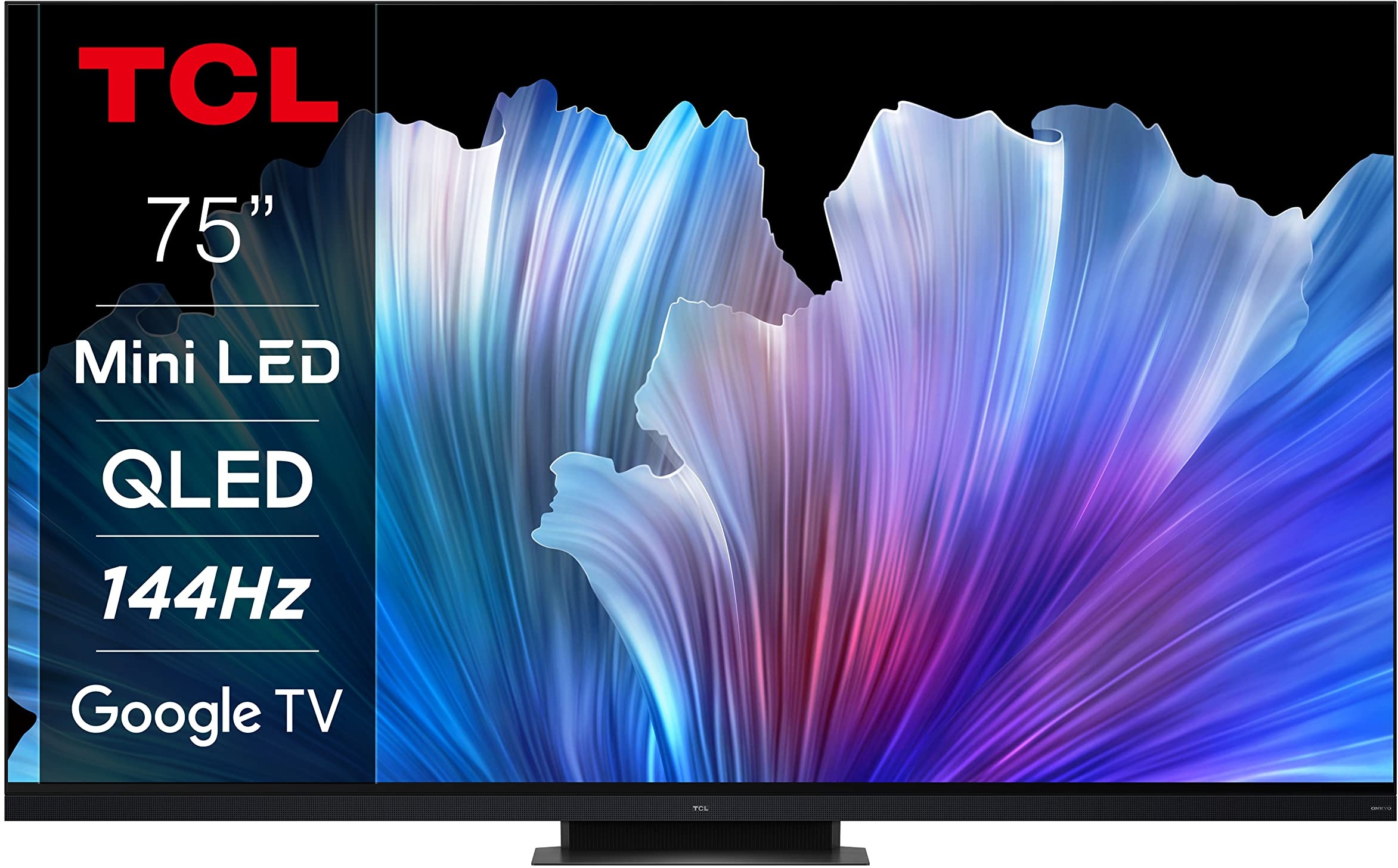 TCL 75C935 75 Zoll 189cm QLED Mini-LED Fernseher, 4K UHD, Google TV, HDR Extreme, 2500nits, 144Hz VRR, 120Hz Motion Clarity, Dolby Vision & Atmos, 2.1.2 ONKYO Soundbar, Sprachsteuerung