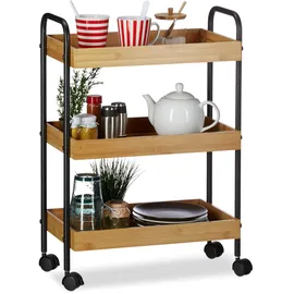 Relaxdays Bambus Rollwagen, 3 Ablagen, natürliche Optik, 360° drehbare Rollen, Stahl, HxBxT: 70x50x28cm, Natur/schwarz