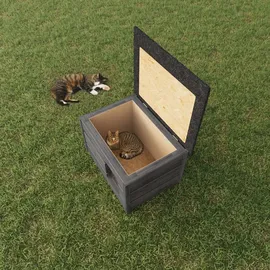 QLS Katzenhaus Katzenhütte Katzenhöhle für draußen winterfest isoliert Outdoor wetterfest vollisoliert Holz 8579 - Grau