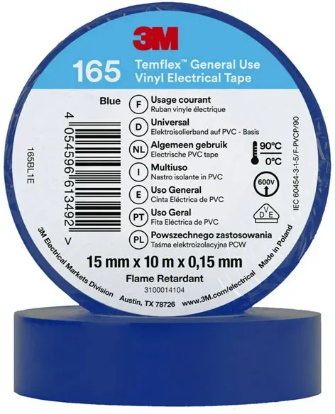 3M Temflex 165 Vinyl Elektro-Isolierband, 15mm breit, 10m lang, blau, 10 Stück