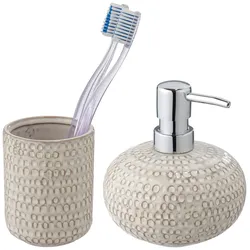 Badaccessoire-Set WENKO "Davos", beige (creme, chrom), Keramik, Badaccessoires-Sets, aus Keramik mit Effektglasur