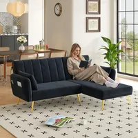 Merax Schlafsofa Klappsofa Ecksofa mit Schlaffunktion, Verstellbarer Rückenlehne, Sofabett aus Samtstoff, L-förmiges Sofa für Wohnzimmer/Schlafzimmer/Gästezimmer, Schwarz